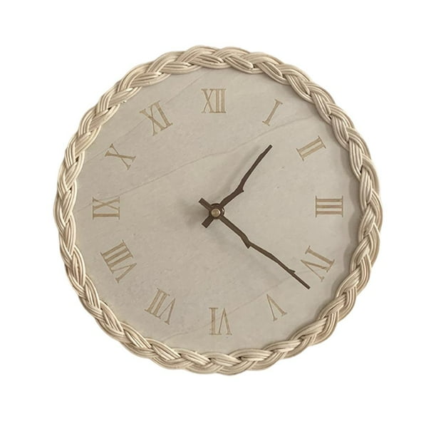 Reloj de pared silencioso de mimbre de 10,63 pulgadas, redondo, hecho a mano, estilo bohemio, para decoración del hogar. Inglés Digital