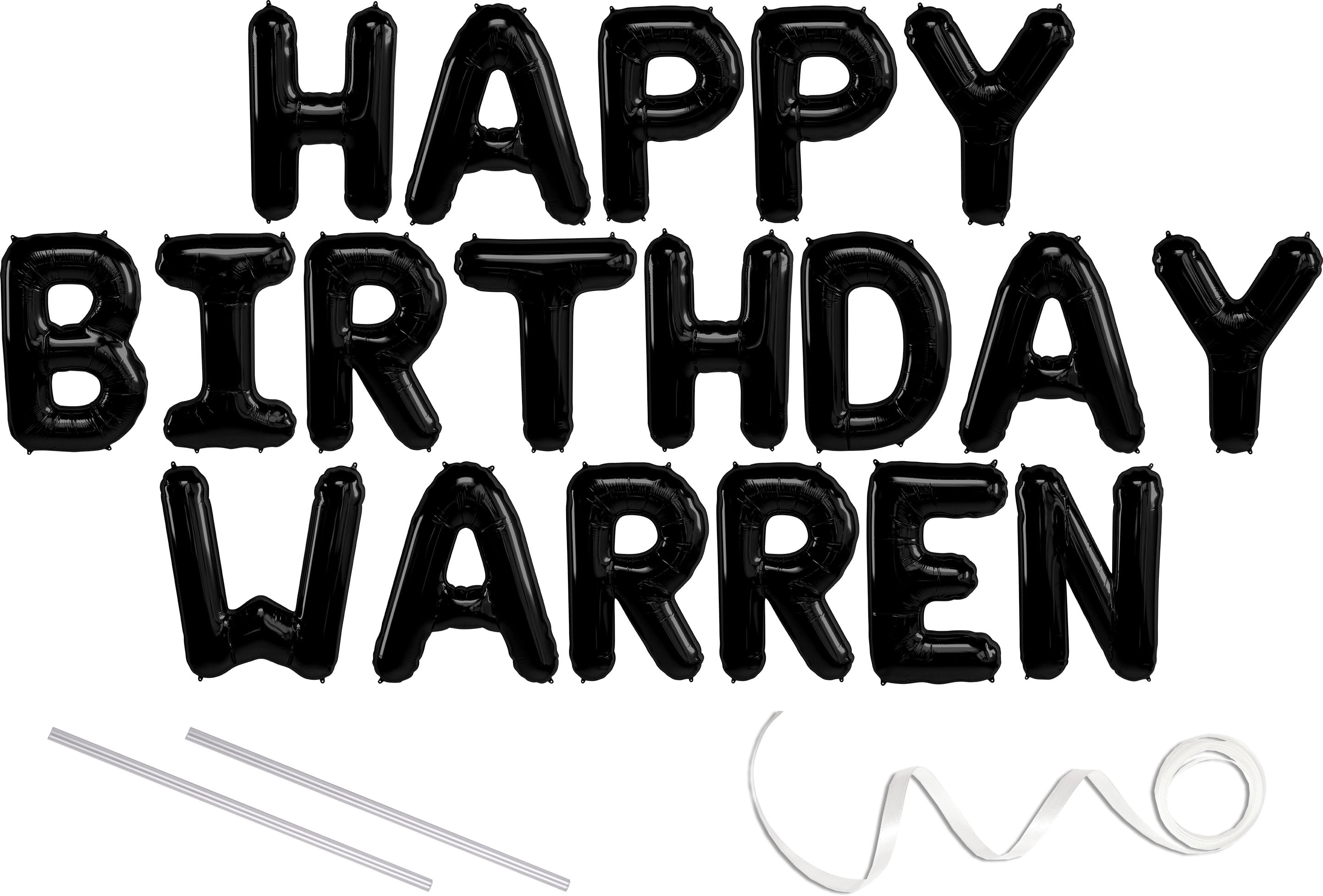 Warren, Happy Birthday Mylar Balloon Banner Black 16 inch Letters. Includes 2 Straws for