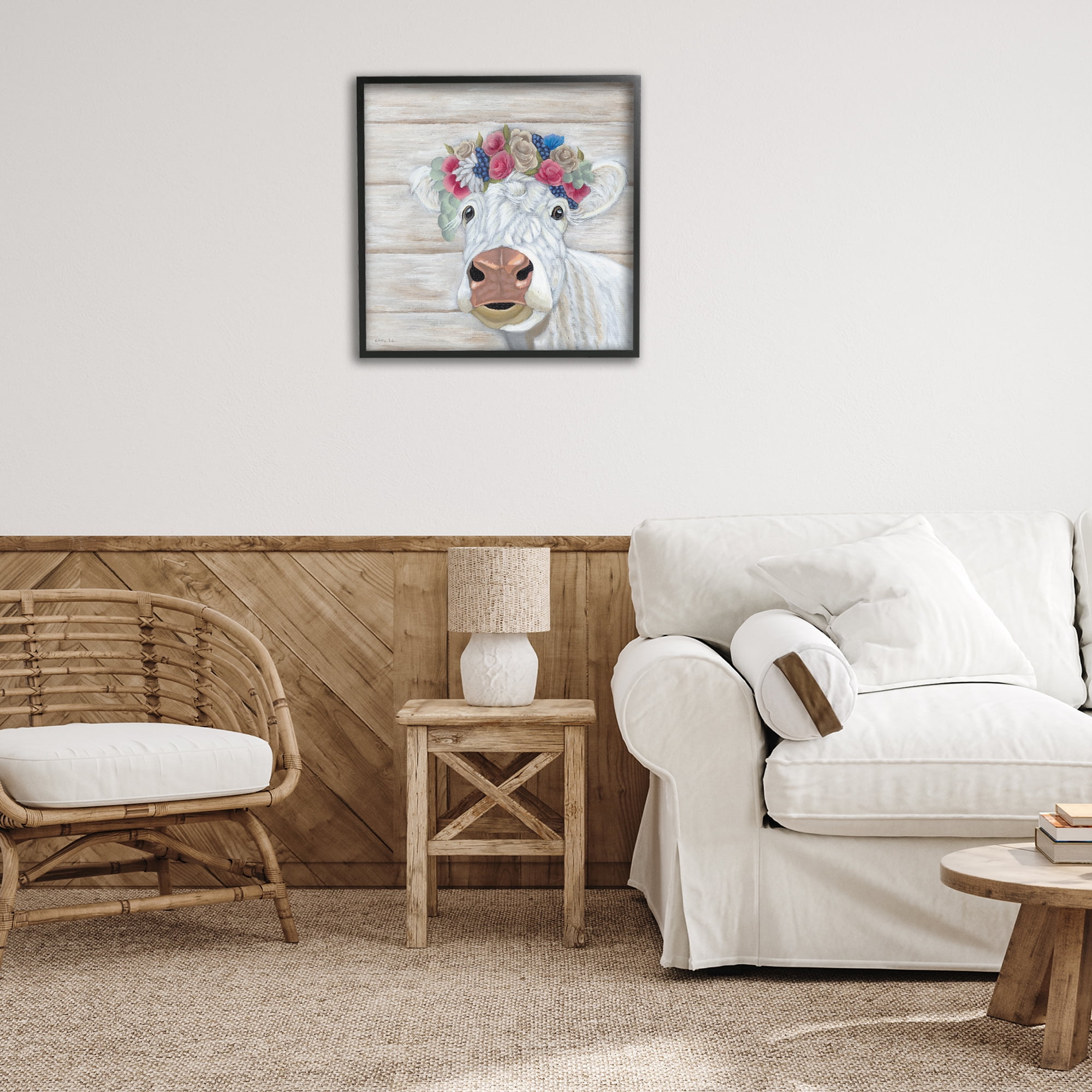 Stupell Industries Rustic Cow Flower Crown Animals & Insects Painting Black Framed Art Print Wall Art, 24 x 24