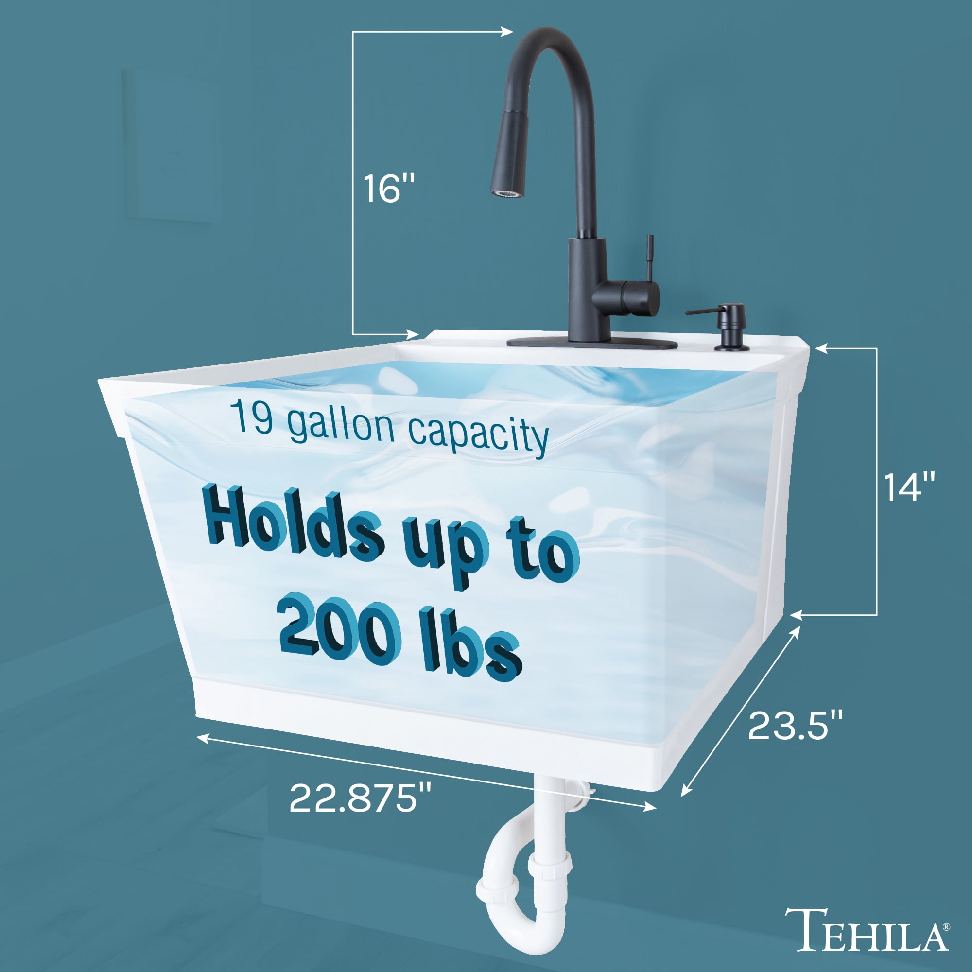 Tehila Floating Thermoplastic Utility Sink with Matte Black Pull-Down Faucet for Laundry Room