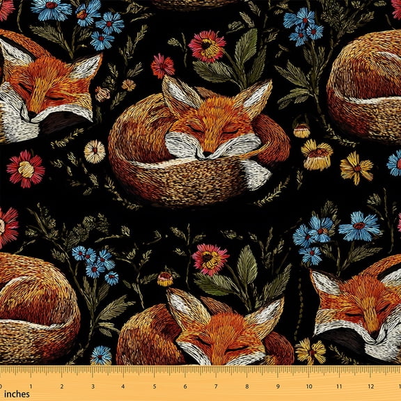 Homewish Cute Fox Fabric by the Yard 1 Yard,Colorful Rustic Floral Home Decor Fabric by the Yard,Orange Black Blue Sewing Fabric For Girls Kids,Super Cozy Room Decor