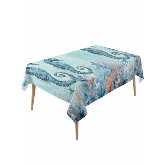 Coastal Seahorse Blue Rectangle Tablecloth, Summer Beach Nautical Coral Starfish Waterproof & StainResistant Tablecloth, Washable Oil-proof Table Cover for Dining/Party/Wedding/Buffet 54x108 In