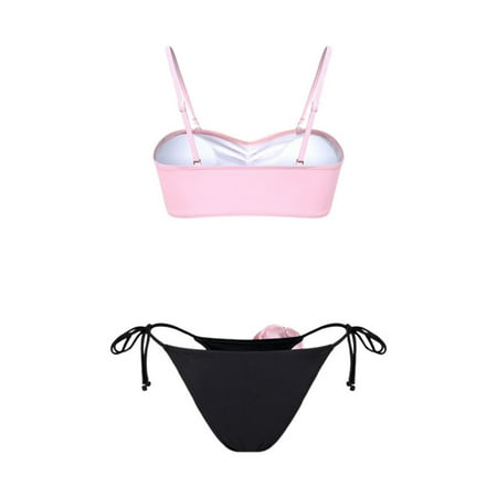 JIANJIA Womens Swimsuits Solid Color Floral Spaghetti Strap Backless Brassiere With Thongs Split Swimsuit Two Piece Bikinis Swimwears Bathing Suits Pink M