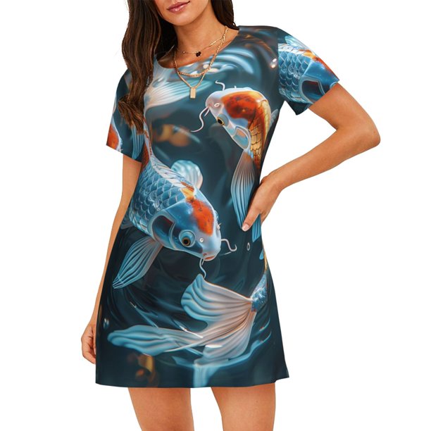 Easygdp Cute Koi Fish Serenity Camisón de manga corta para mujer, informal, estampado
