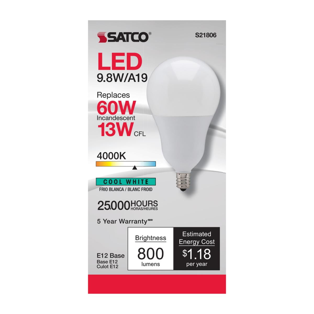 SATCO S21806 9.8W 120V A19 LED Bulb E12 Candelabra Base 4000K 800L Dimmable (6 Pack)