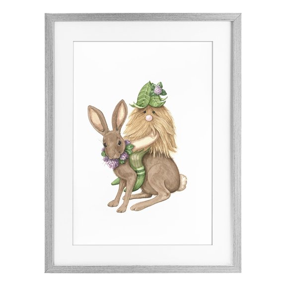 Stupell Industries Contemporary Garden Elf Riding Rabbit Gray Framed Print Under Glass, 17 x 23, by Nancy Overton