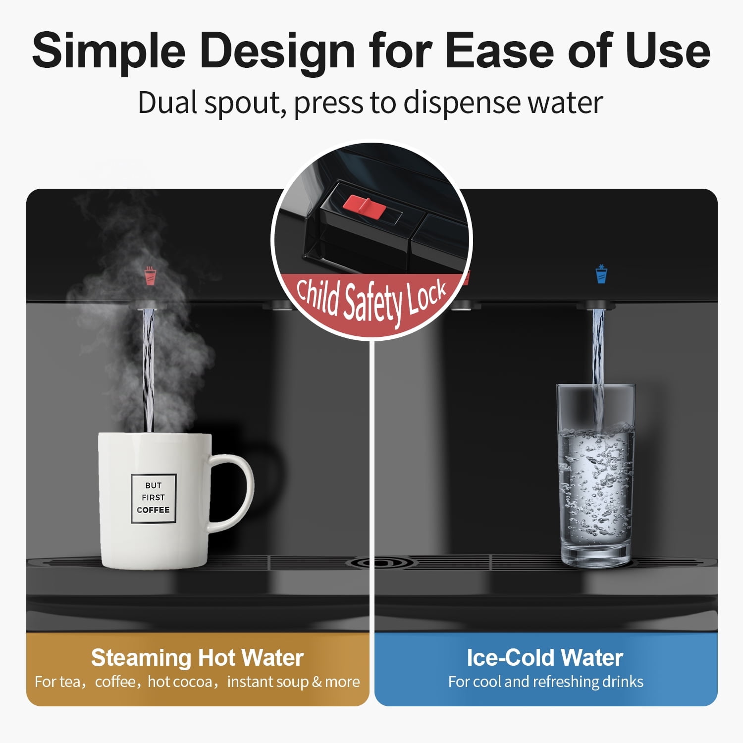 Patiosunny 3/5 gal Top Loading Water Dispenser, Child Lock and Detachable Water Tray, Cold & Hot Water at Any Time, for Kitchen/Living Room/Gym/Basement, Black