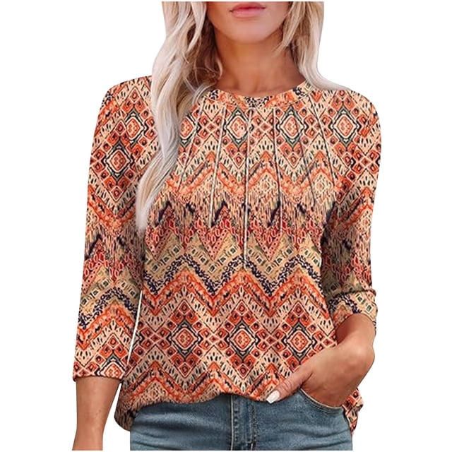 Penkiiy Hauts à Manches 3/4 pour Femmes T-Shirts Plissés Col Rond Tunique Décontractée Automne Vêtements Basiques Tendance 2TG Orange