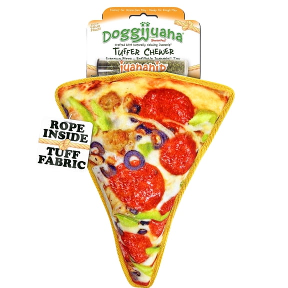 Doggijuana Tuffer Chewer Plush Dog Toy with Juananip Catnip, Squeaky Refillable Toy, Supreme Pizza