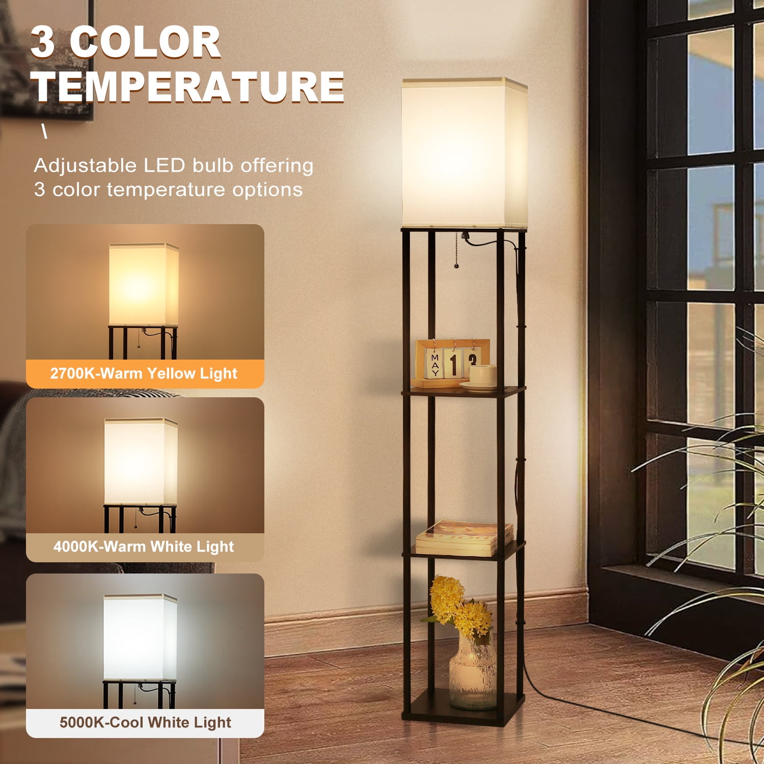 Vesteel Floor Lamp with 3-Tier Shelves, Standing Lamp with 3 Color Adjustable LED Bulb & Linen Lampshade, Modern Square Lamp for Living Room Bedroom Office Kid Room