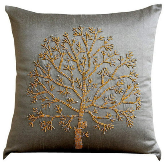 Euro Sham Pillow Covers, Gray Euro Pillowcases 26x26 inch (65x65 cm), Silk Euro Size Pillow Shams, Nature & Floral, Tree, Beaded, Modern Euro Pillow Covers - Tree Of Faith