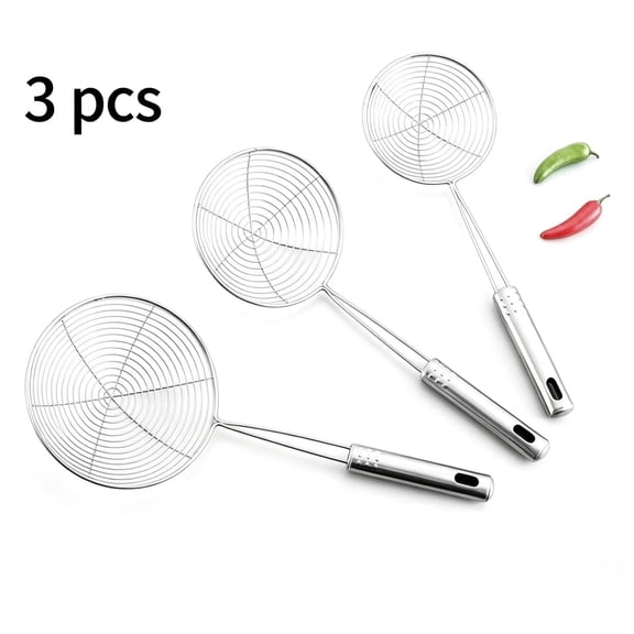 Vruelia Extra Large Spider Strainer Skimmer Spoon for Frying and Cooking - Set of 3 Stainless Steel Wire Pasta Strainer with Long Handle, Professional Kitchen Skimmer Ladle