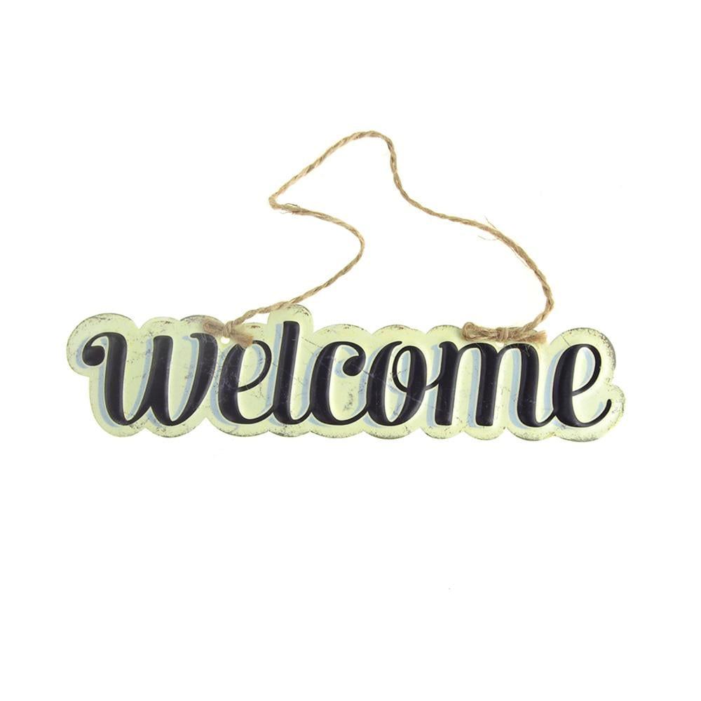 Vintage Style Hanging Metal "Welcome" Sign, Black/Off-White, 8-Inch x 1