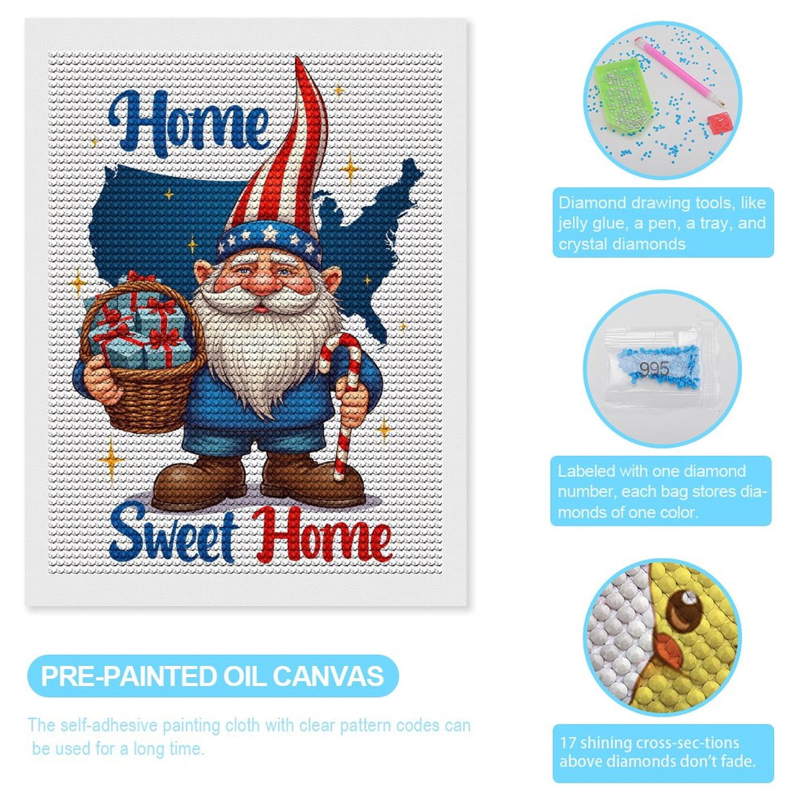 Diamond Art Kits for Adults, Patriotic Gnome With Presents 5D Diamond Painting Kits for Adults Beginners, DIY Full Drill Diamond Painting, Gem Art and Crafts 12x16