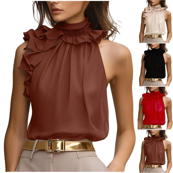 Miluxas Women's Elegant Blouse Ruffle Trim Sleeveless Mock Neck Halter Tank Top Trendy office Outfit Red