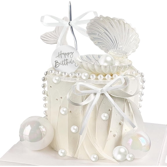 39Pcs Bow Cake Topper Shell Pearl Cake Decorations with Happy Birthday Cake Topper for Baby Shower Party Favors