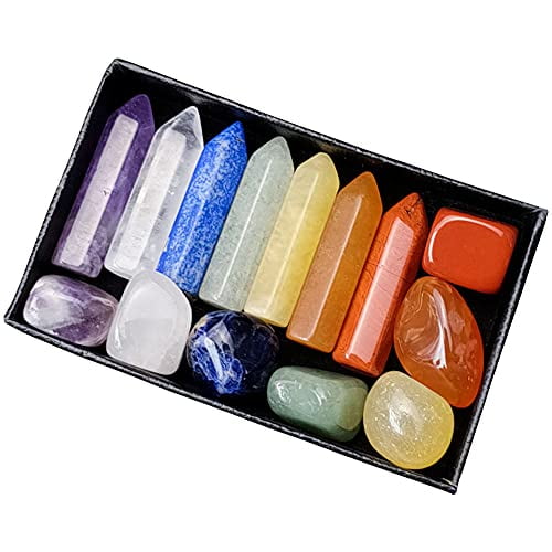14 Pcs Chakra Stones Kit-1.3 Crystal Point Wands and Polished Tumbled Energy Decor-Clear QuartzAmethystLapis LazuliYellow JadeRed Agate Healing Crystals Set (7 7Pcs),Rainbow