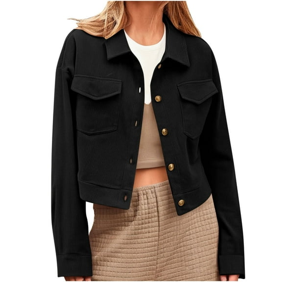 Women's Fashion Cropped Corduroy Shackets Long Sleeve Button Down Collar Pockets Jackets Tops Casual Trendy Moto Biker Coat (L, Black)