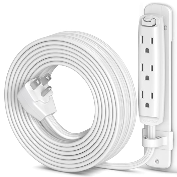 Maximm Flat Extension Cord 25 ft Multi 3-Outlet Power Cord with Mounting Bracket, Grounded 16 AWG UL Certified, White