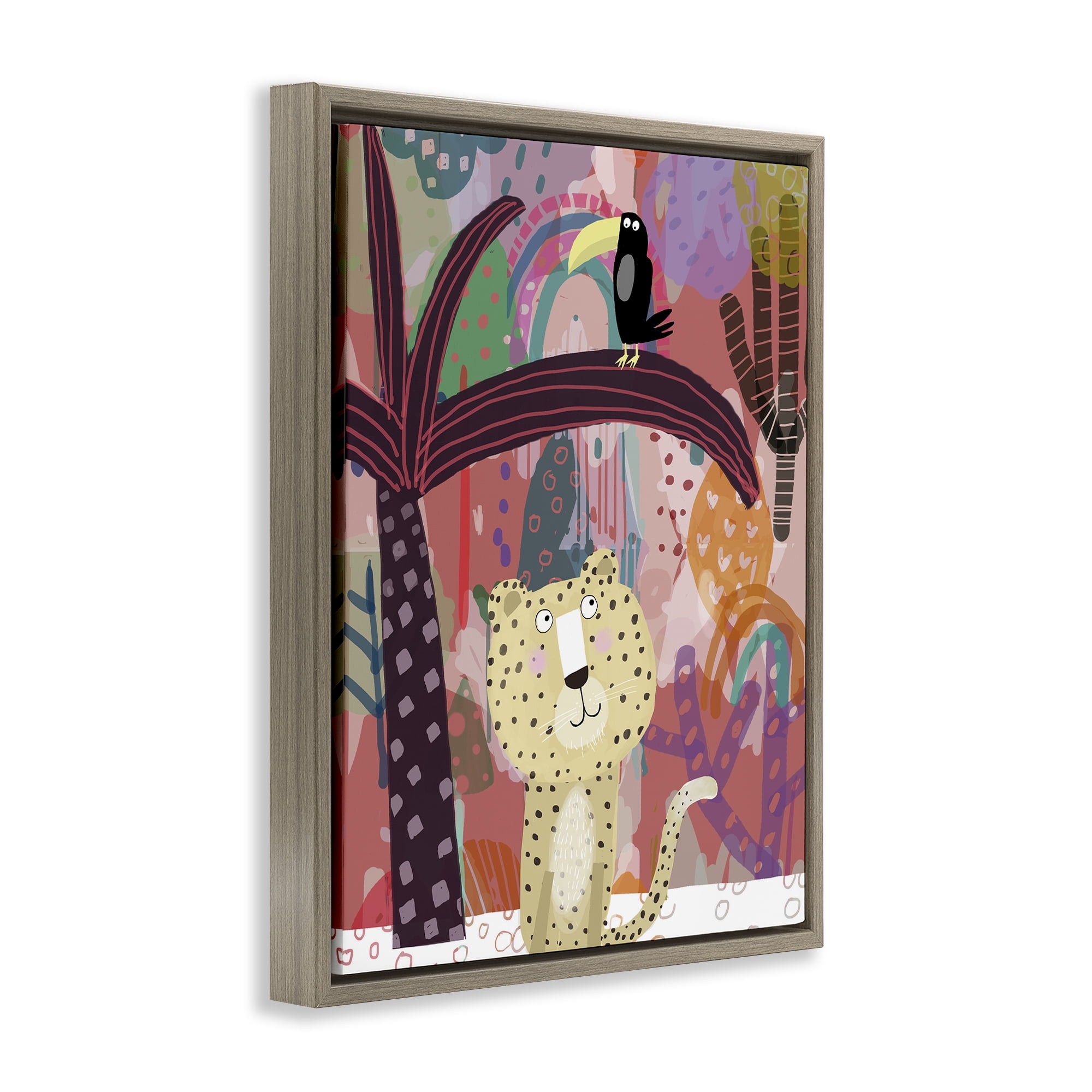 Whimsical Cheetah & Toucan Brown Framed Floater Canvas Wall Art, design by Carla Daly