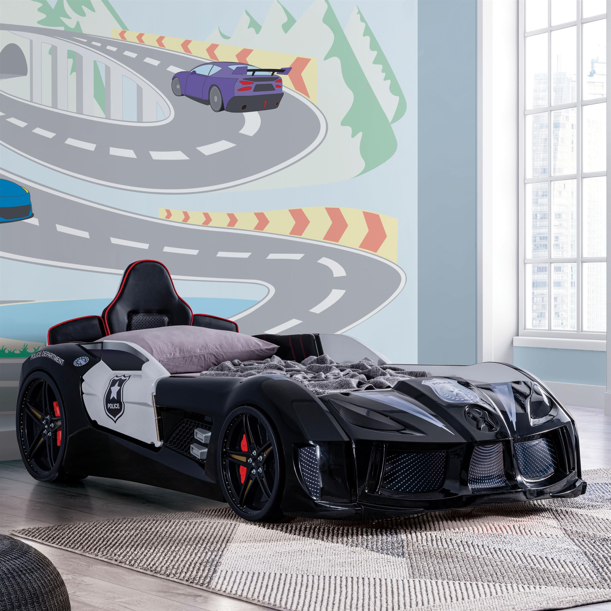 Furniture of America Sonet Plastic Twin Race Car Bed with LED Light in Black