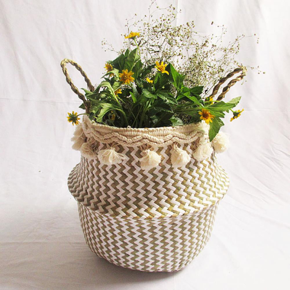 Foldable Handmade Storage Baskets Straw Rattan Garden Flower Planter Pot 