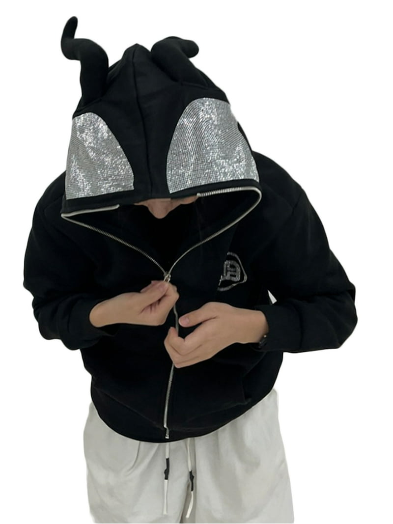 hirigin Full Zip Up Devil Horns Hoodie over Face Rhinestone