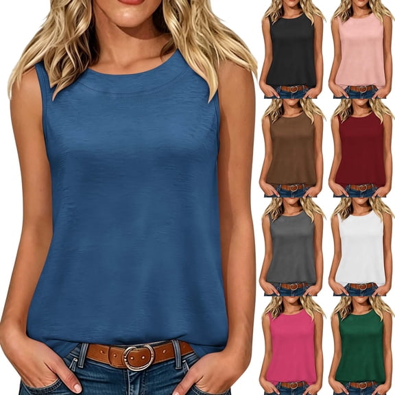 Omexry Womens Workout Tops Women's Crew Neck Sleeveless Tank Tops Casual Loose Curved Hem Basic Shirts Summer Solid Color Blouses