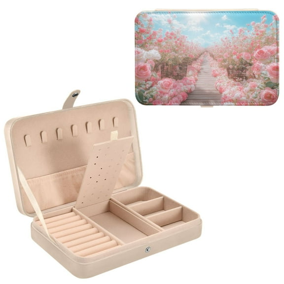 BZSMCE Leather Jewelry Box - Rectangular Pink Rose Garden Pattern 8.27x5.5x1.78in Beige