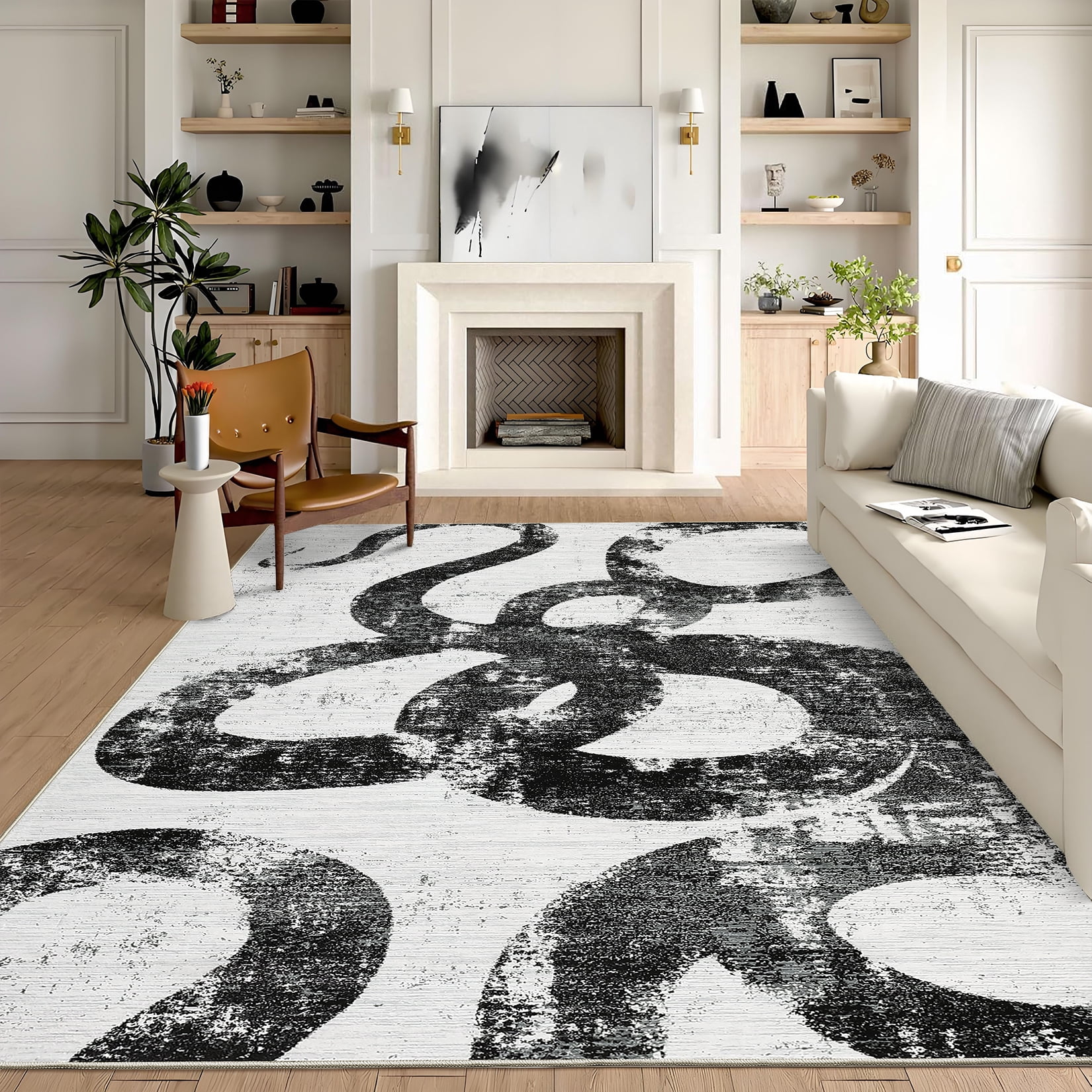 Hasoo 8' x 10' Modern Washable Indoor Rug for Dining Room Soft Abstract Geometric Line Area Rug Non Slip Stain Resistant Black White Carpet