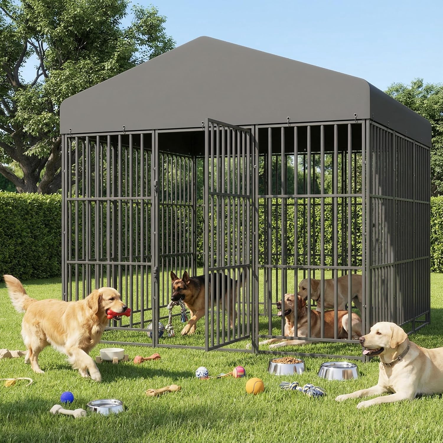 Large Dog Kennel Outdoor with Double Safety Locks 73''x72''x71'' Heavy Duty Welded Wire Steel Pet Pen Dog Enclosure with UV-Resistant Waterproof Roof