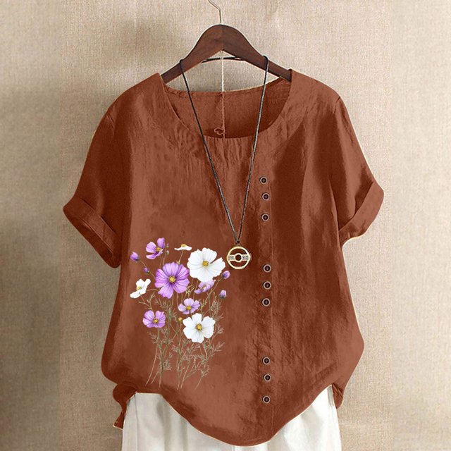 Lydiaunistar Plus Size Summer Tops for Women Printed Short Sleeve Button Blouse, Casual Linen-Look Polyester Shirt Sizes S-5XL