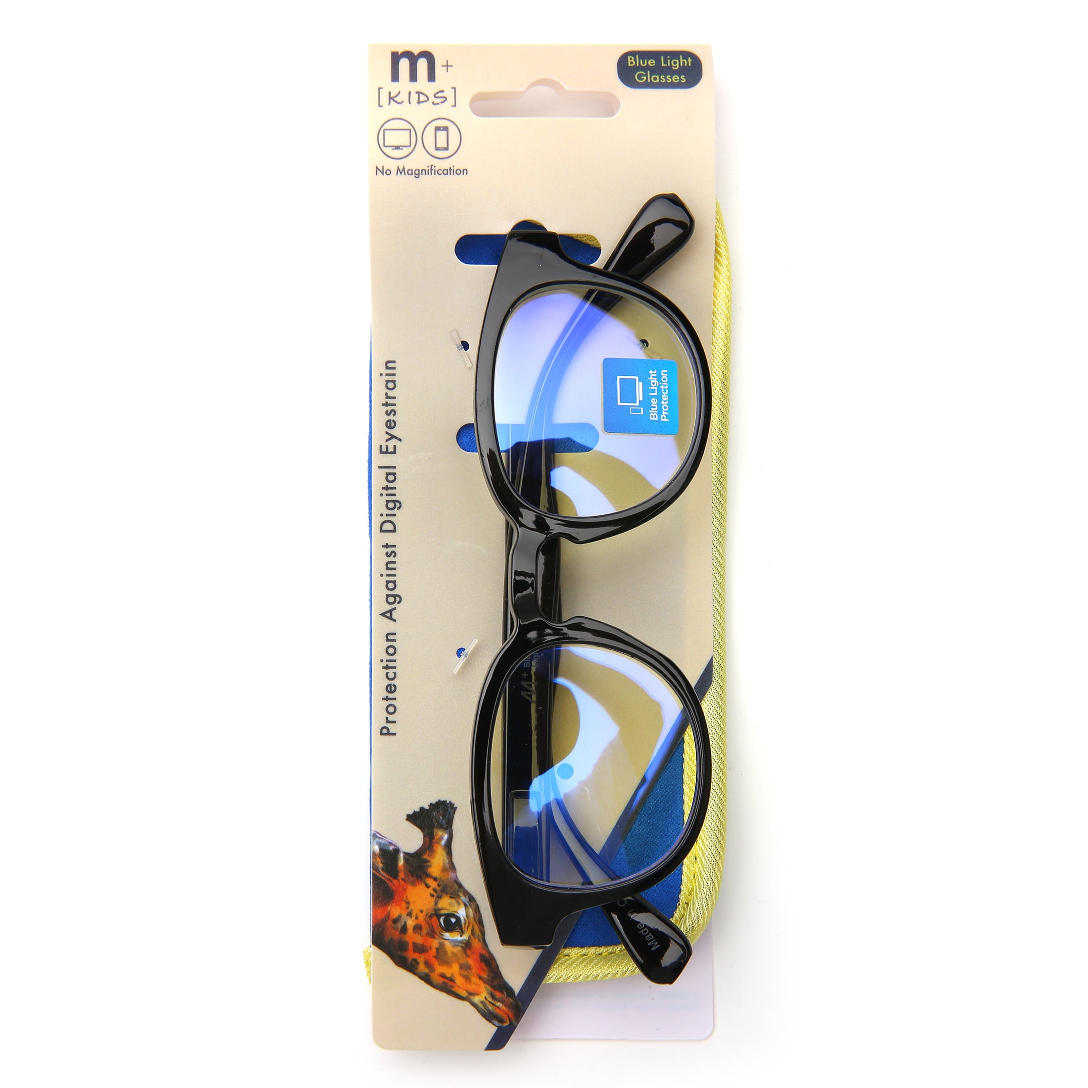 M+ Plano Blue Light Lens Injection Kids Unisex Frames, Felix, Black, 41.0-20.5-129, with Case