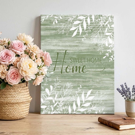 Canvas Wall Art Home Sweet Home Canvas Art Print Country Farmhouse Minimalist Leaf Green Wood Grain Wall Decor for Living Room Bedroom Artwork Decorations Stretched Framed Ready to Hang 12"x16"