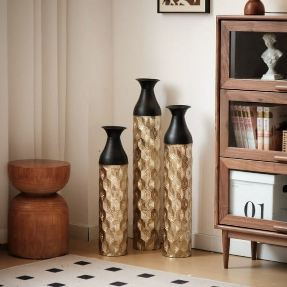 GAKMCIL Floor Metal Vases Large Glazed Black&Gold Decorative Vases Gorgeous Home Decoration Elegant for Living Room, Entryway (Set of 3, 24.8in, 29in, 33.8in height) (Black   Gold) (Gift)