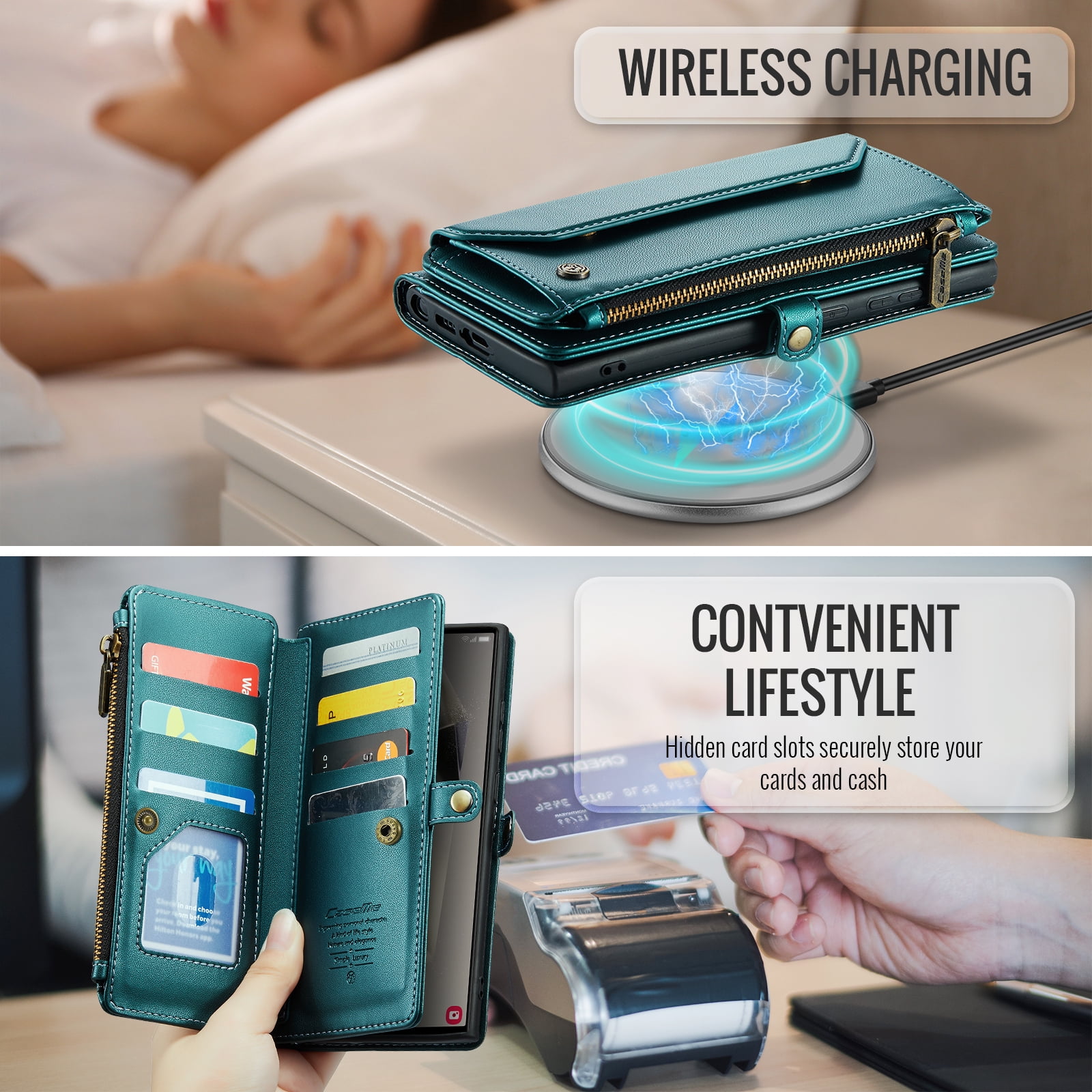 for Samsung Galaxy S22 Plus Full Body Protection Wallet Folio Flip Case, Shoulder Strap & Wristlet Card Slots Zipper Pocket RFID Blocking Rugged Durable PU Leather Phone Case Cover, Green