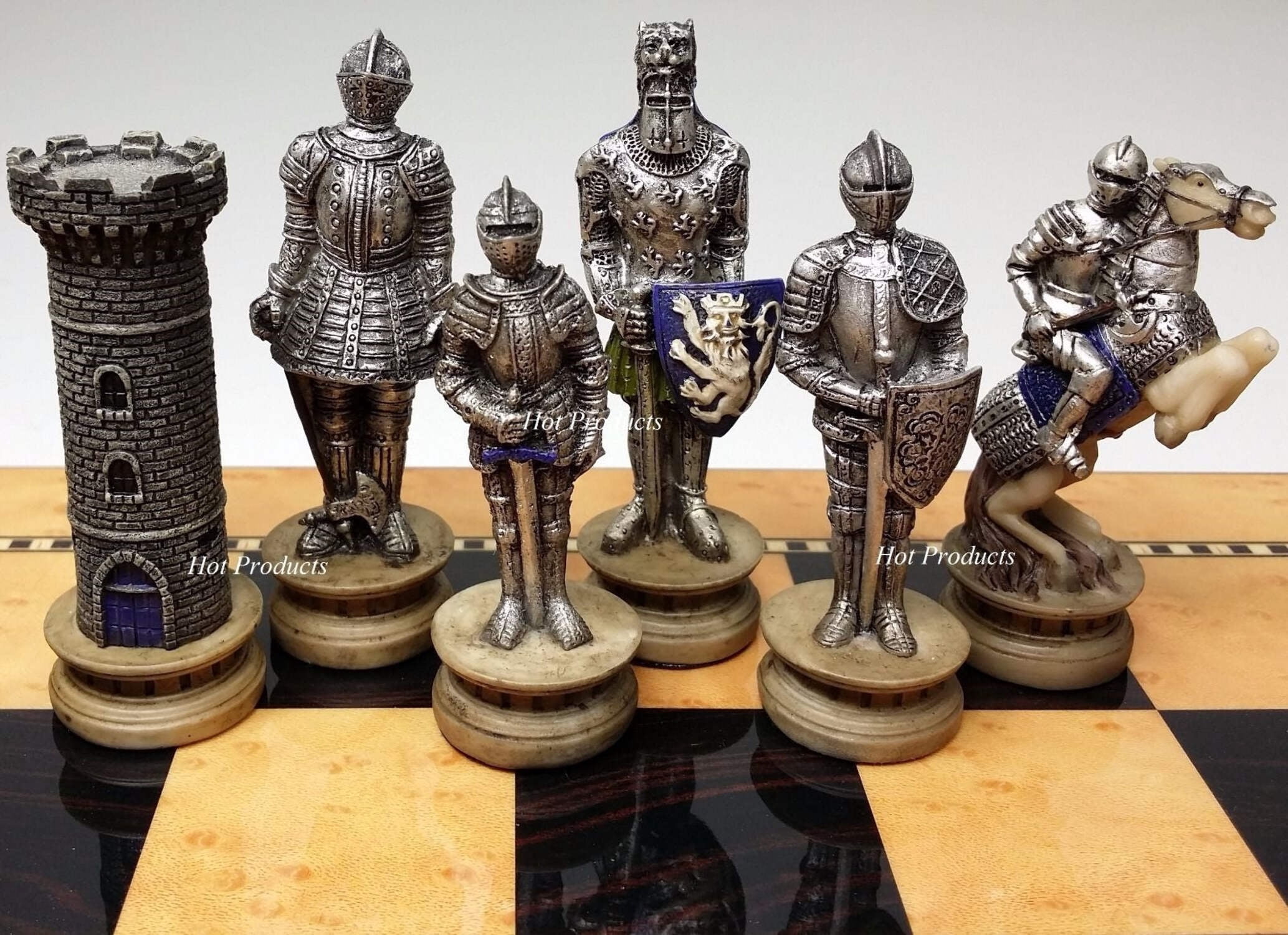 Medieval Times Crusades Warrior Knight Chess Set 15" Walnut  Maple Color Board