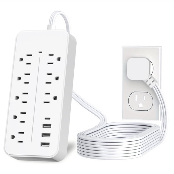 10FT Extension Cord Surge Protector Power Strip - Flat Plug Braided Power Bar with 8 Widely Outlets and 4 USB Ports(1 USB C), Multi Plug Wall Mount Desk USB Charging Station for Home Office
