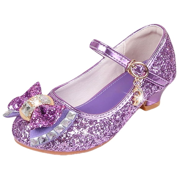 Quealent Girls Dress Shoes Mary Jane Wedding Party Shoes Glitter Bridesmaids Princess Heels Purple for Size 2