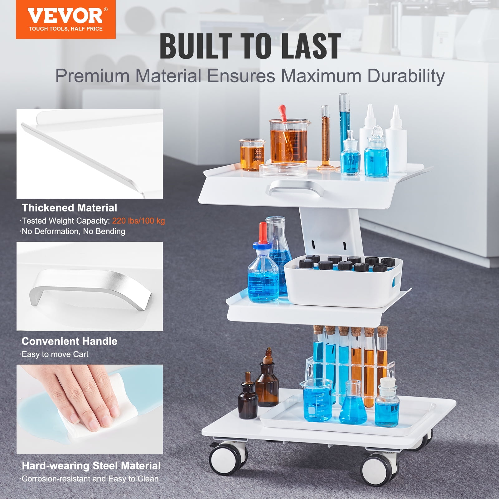 VEVOR Lab Trolley, 3-Layer Rolling Lab Cart, Metal Mobile Trolley with Swivel Wheels, Tray Rolling Clinic Cart 220 lbs Weight Capacity, for Lab, Clinic, Beauty and Salon