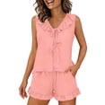 thumbnail image 3 of Womens 2 Piece Pajamas Set Ruffle Sleeveless V Neck Lace-up Tank Top & Shorts with Pockets Summer Loungewear (XL, Pink), 3 of 8
