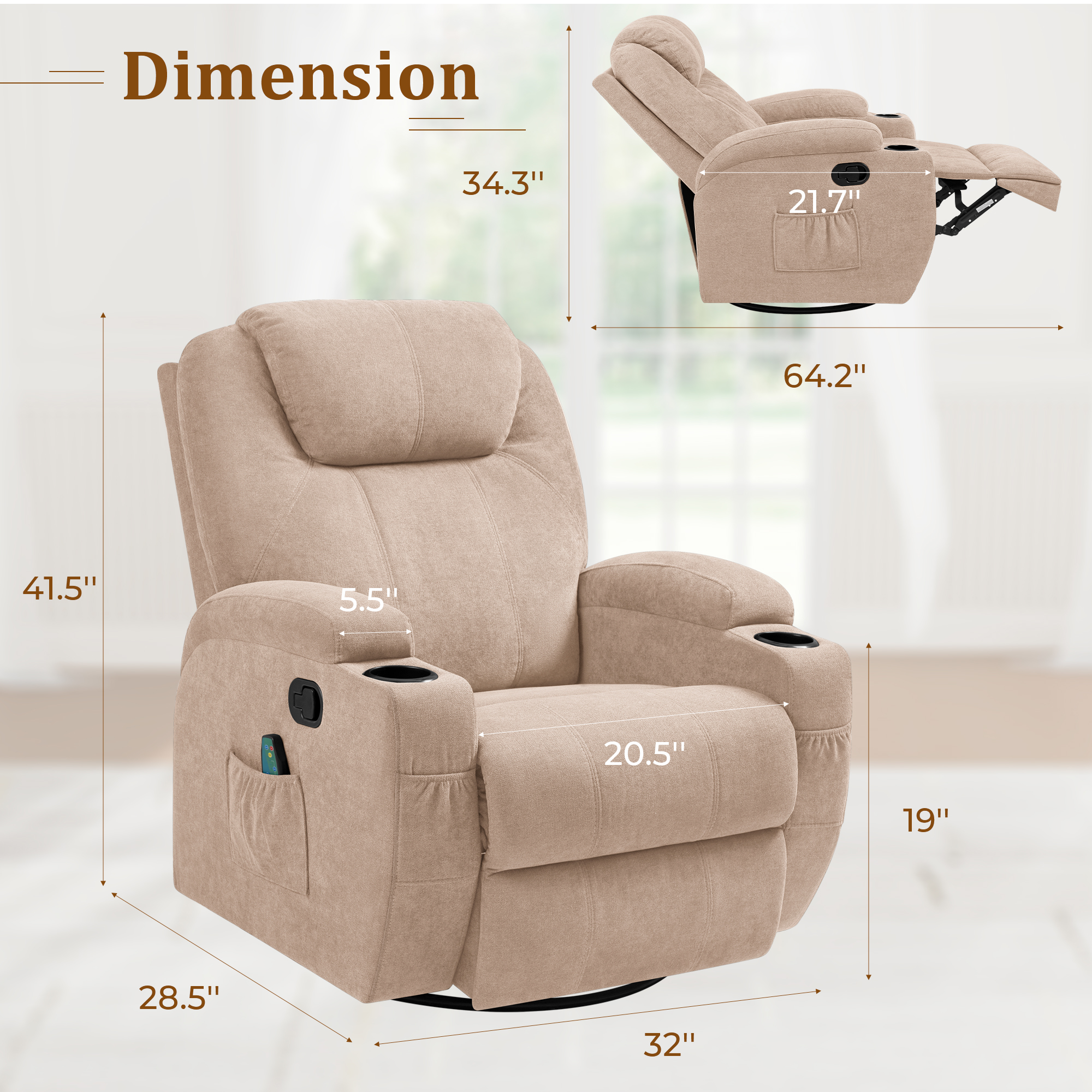 Vineego Fabric 360° Rotation Recliner with Heat & Vibration,Beige