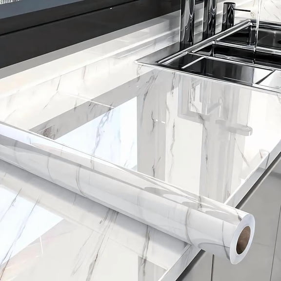 Glossy Marble Paper Granite Gray/White Peel and Stick Wallpaper Self Adhesive Removable 15.8″ ×118″ Waterproof for Kitchen Countertop & Furniture