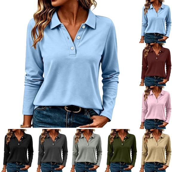VBVC Women's Long Sleeve Collared Shirt , Ladies' Basic Button Down Pullover Blouse , Casual V Neck Work Tunic Top For Women, S-2XL
