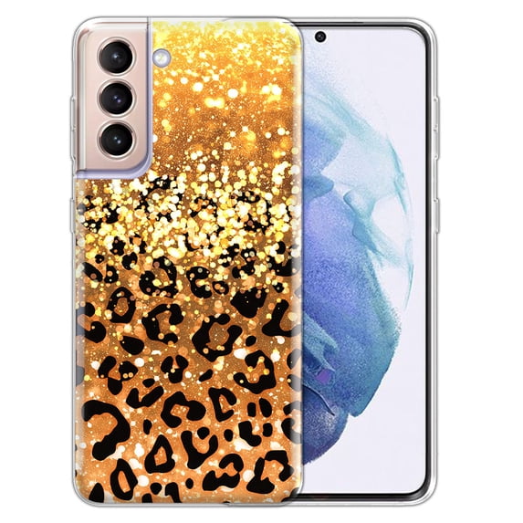 FINCIBO Soft TPU Clear Case Slim Cover for Samsung Galaxy S22 6.1" 2022 (NOT FIT Galaxy S22+/S22 Plus 6.5" 2022/Galaxy S22 Ultra 6.8" 2022), Gold Glitter Sparkle With Black Yellow Glitter Leopard