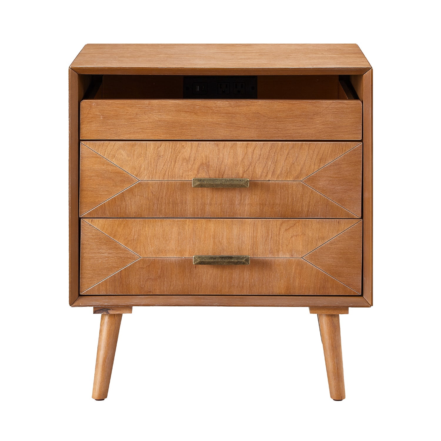 Hommoo 24" Mid-Century Modern Nightstand with Built-in Charging Station, Solid Wood & MDF Bedside Table, 2 Drawers & Open Shelf for Bedroom, Living Room or Home Office, Light Oak