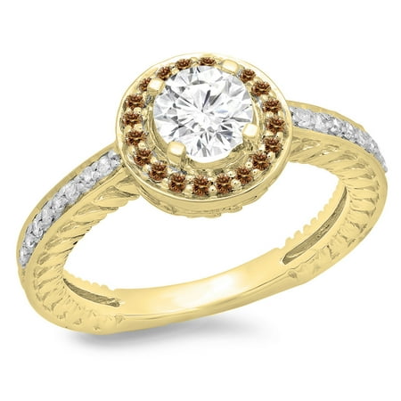 1.00 Carat (ctw) 10K Yellow Gold Round Cut Champagne & White Diamond Ladies Bridal Vintage Halo Style Engagement Ring 1