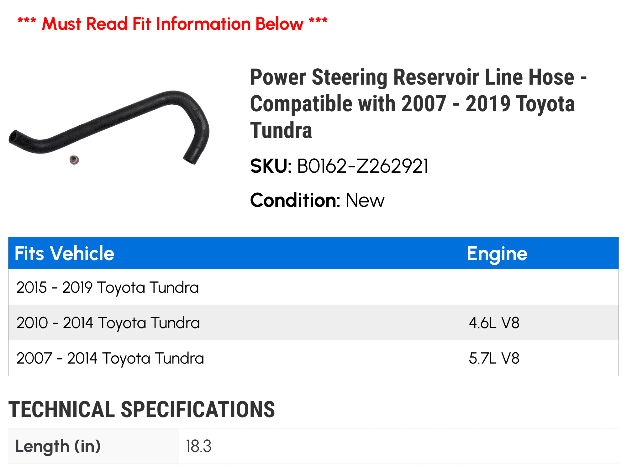 Power Steering Reservoir Line Hose - Compatible with 2007 - 2019 Toyota Tundra 2008 2009 2010 2011 2012 2013 2014 2015 2016 2017 2018