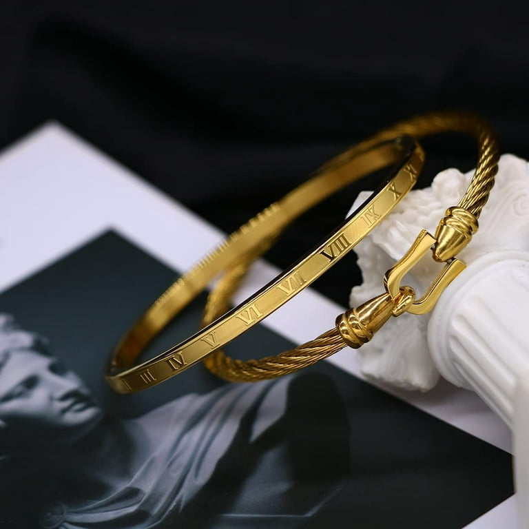 Jaline Gold Silver Rose Gold Plated Bracelets for Men Women Roman Numeral  Bangle Bracelet Stainless Steel Personalized Engraved Unisex Gift