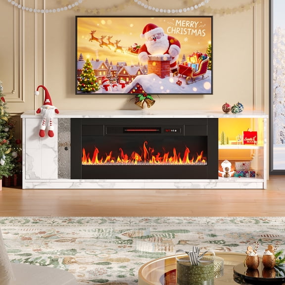 Pinmoco 36" Electric Fireplace TV Stand for TVs up to 80", LED Entertainment Center with Storage Cabinet, 7 Flame Colors, RGB Lights, White Marble